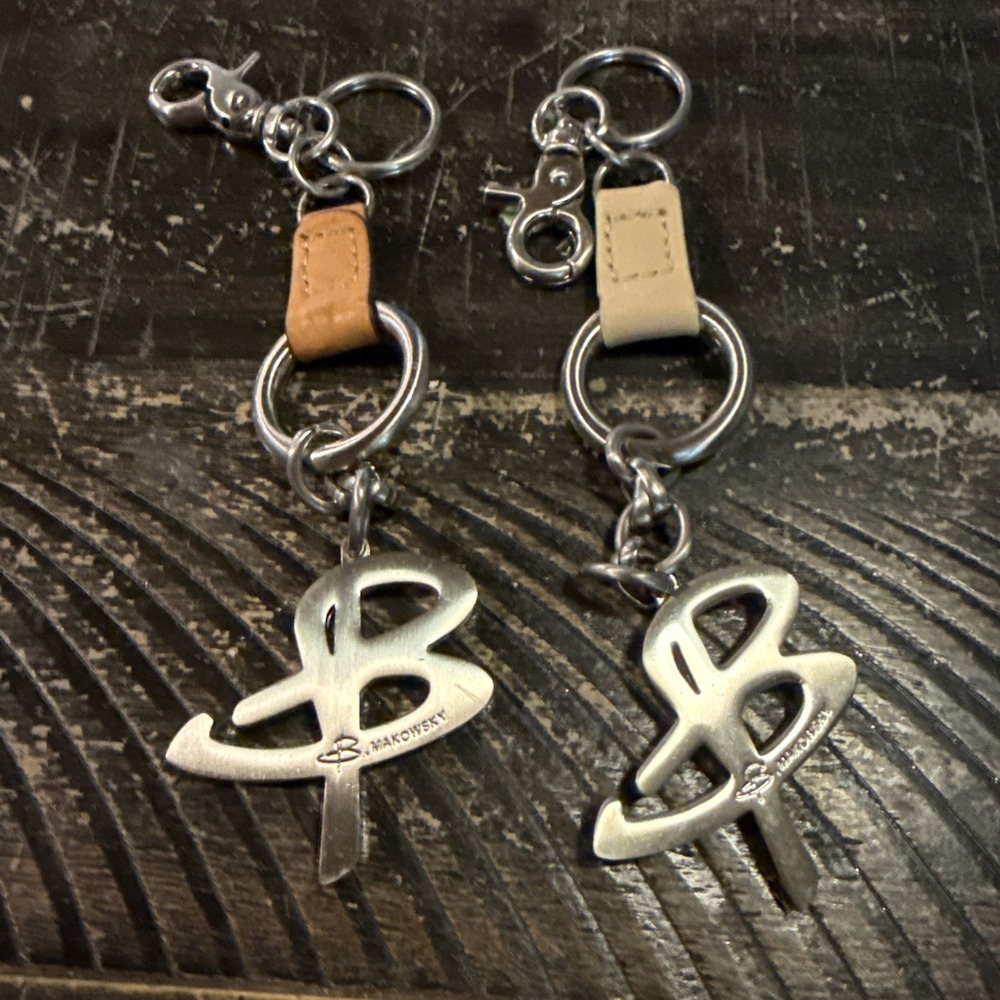 B Makowsky Leather Large B 6" Long Keychain Purse Clip Charms (2)Beige & Tan